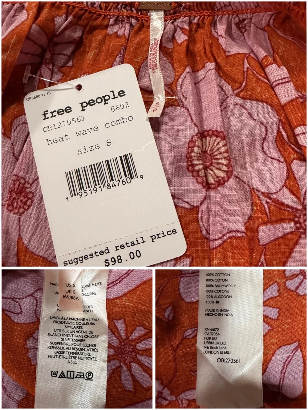 NWT Free People Coral Pink Floral Miss Daisy Blouse in Heat Wave Combo Small S